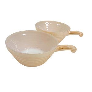 Vtg Fire King Peach Luster Beehive Soup Chili Bowl Handle Set 2 Anchor Hocking